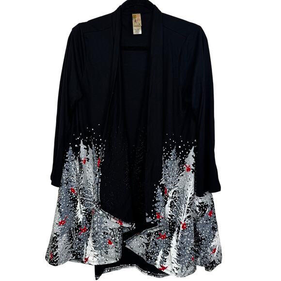 A Walk In The Park Scenery Womens Christmas Tree Cardinal Open Cardigan Sz Large - Picture 1 of 7